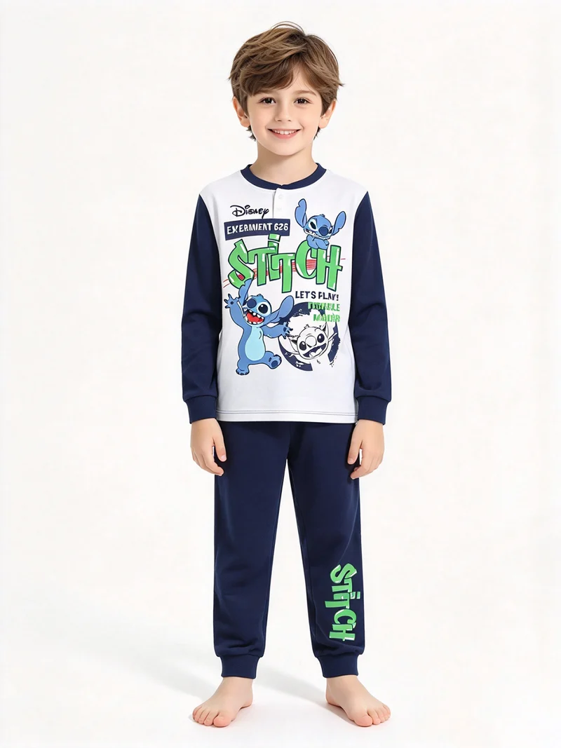Stitch pigiama lungo da bambino in cotone interlock con stampe - blu scuro