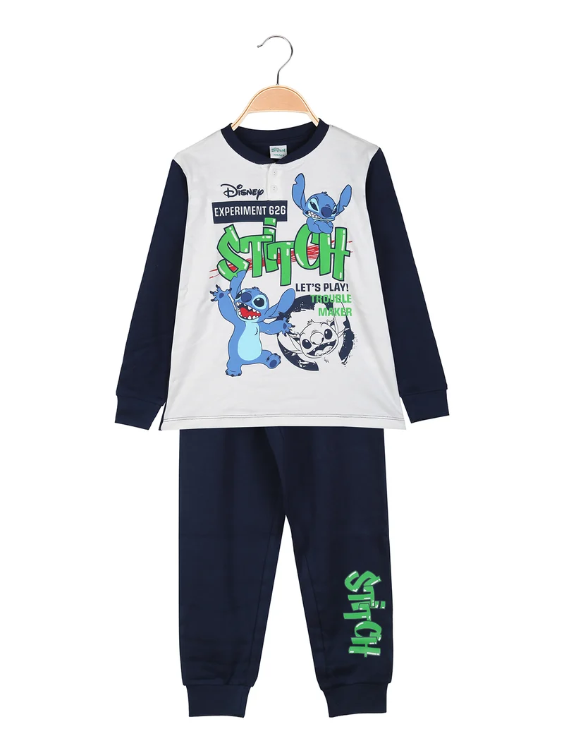 Stitch pigiama lungo da bambino in cotone interlock con stampe - blu scuro