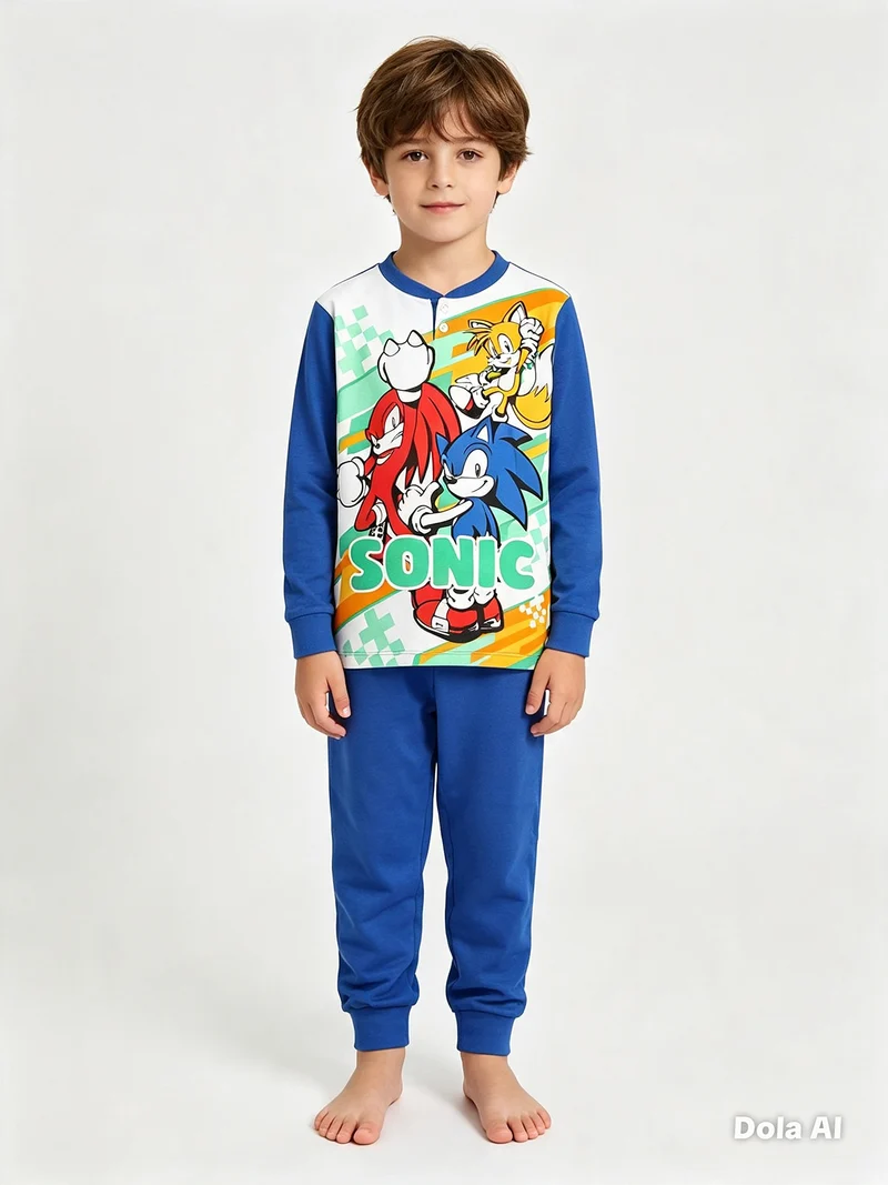Pigiama lungo da bambino in cotone interlock - blu