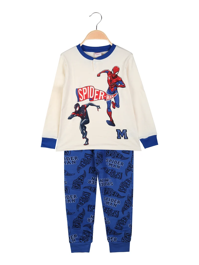 Pigiama lungo da bambino in cotone interlock e pantaloni con stampe - panna