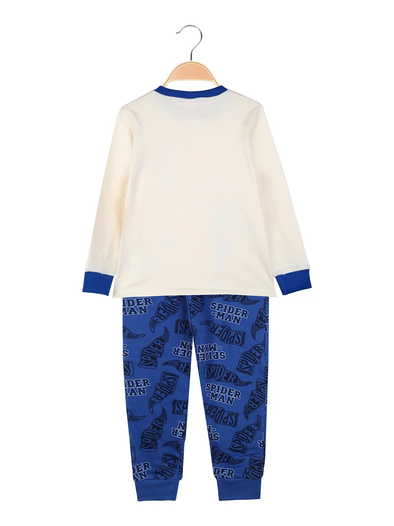 Pigiama lungo da bambino in cotone interlock e pantaloni con stampe - panna