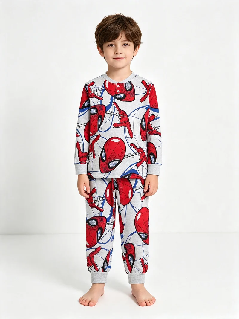 Pigiama lungo da bambino in cotone interlock con stampe - grigio