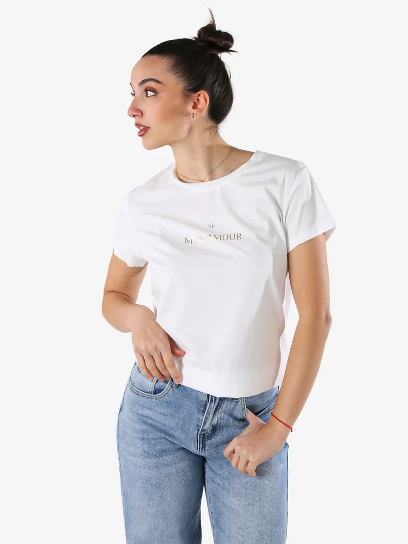 T-shirt girocollo da donna in cotone con scritta - bianco