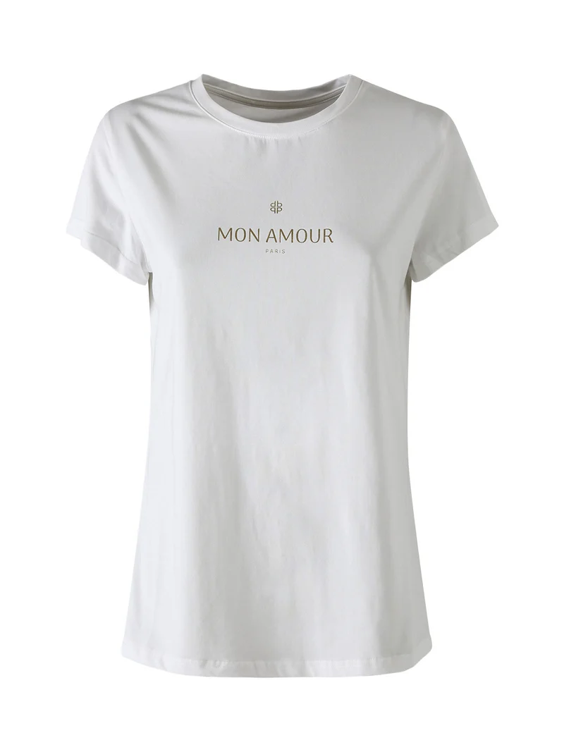 T-shirt girocollo da donna in cotone con scritta - bianco
