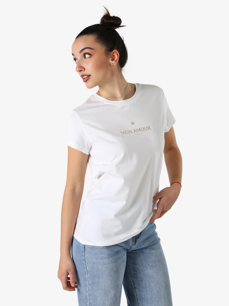 T-shirt girocollo da donna in cotone con scritta - bianco