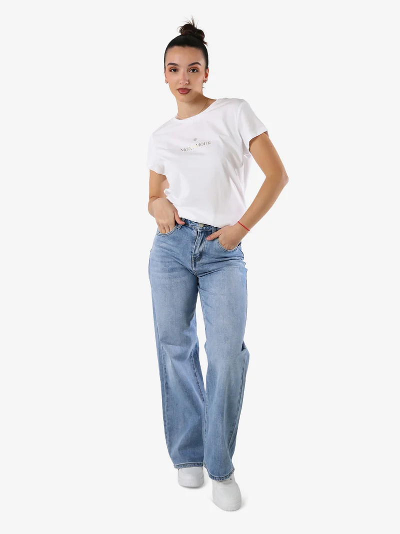 T-shirt girocollo da donna in cotone con scritta - bianco