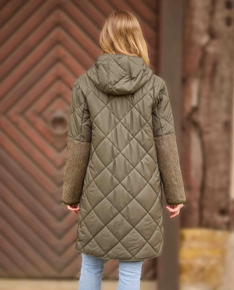 Damen Steppmantel "Perth Polar" mit Polar Fleece & Tweed Applikationen in oliv
