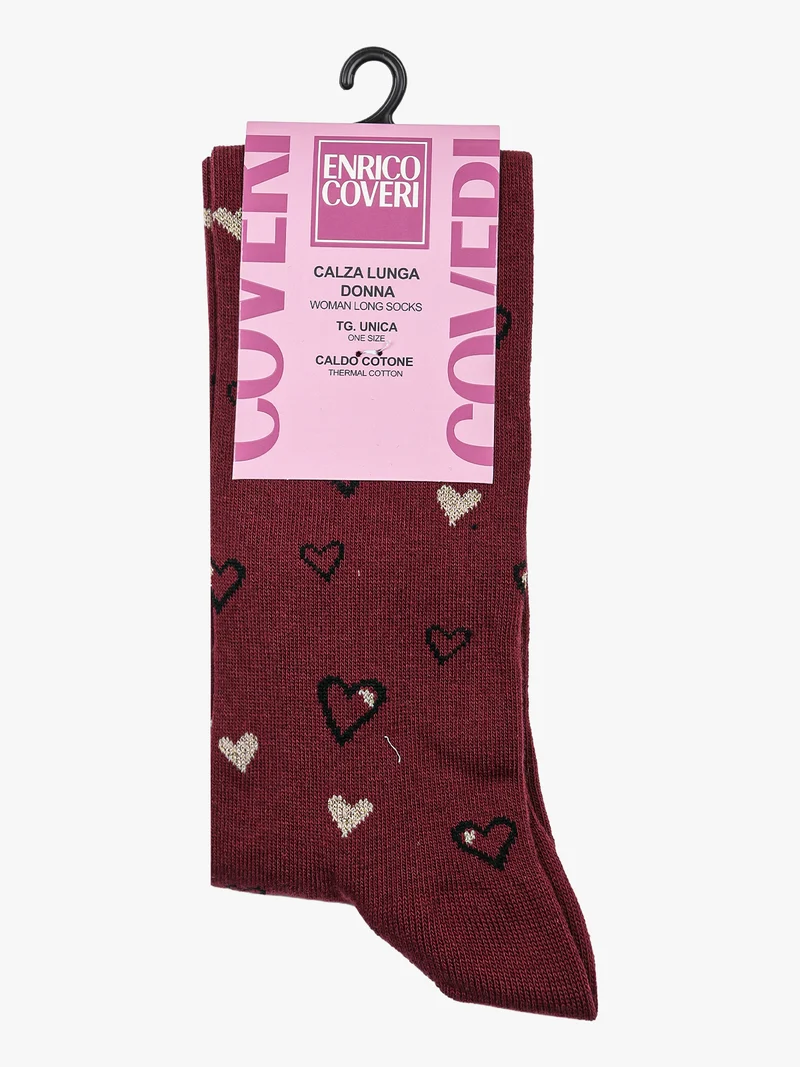 Calze lunghe da donna in caldo cotone con stampa cuori e lurex - bordeaux