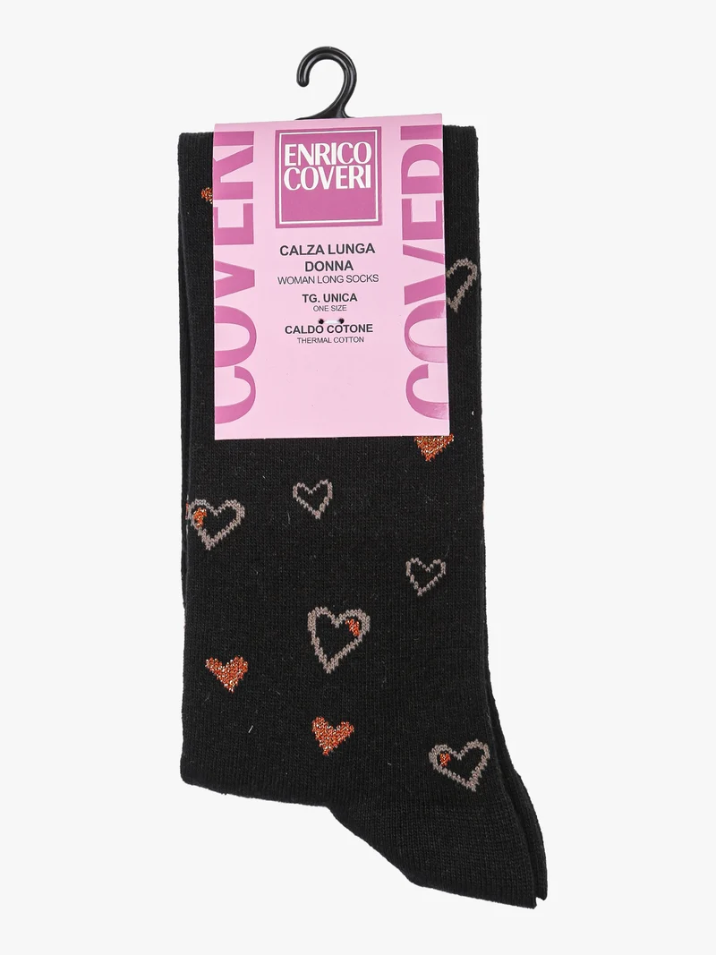 Calze lunghe da donna in caldo cotone con stampa cuori e lurex - nero