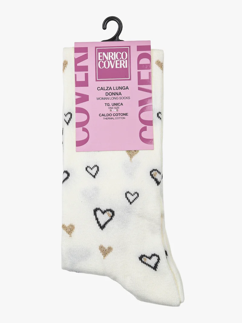 Calze lunghe da donna in caldo cotone con stampa cuori e lurex - panna