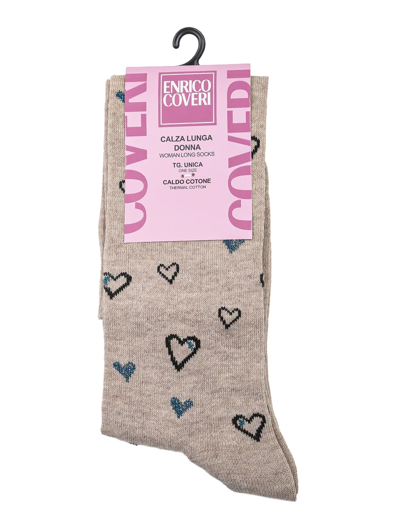 Calze lunghe da donna in caldo cotone con stampa cuori - beige