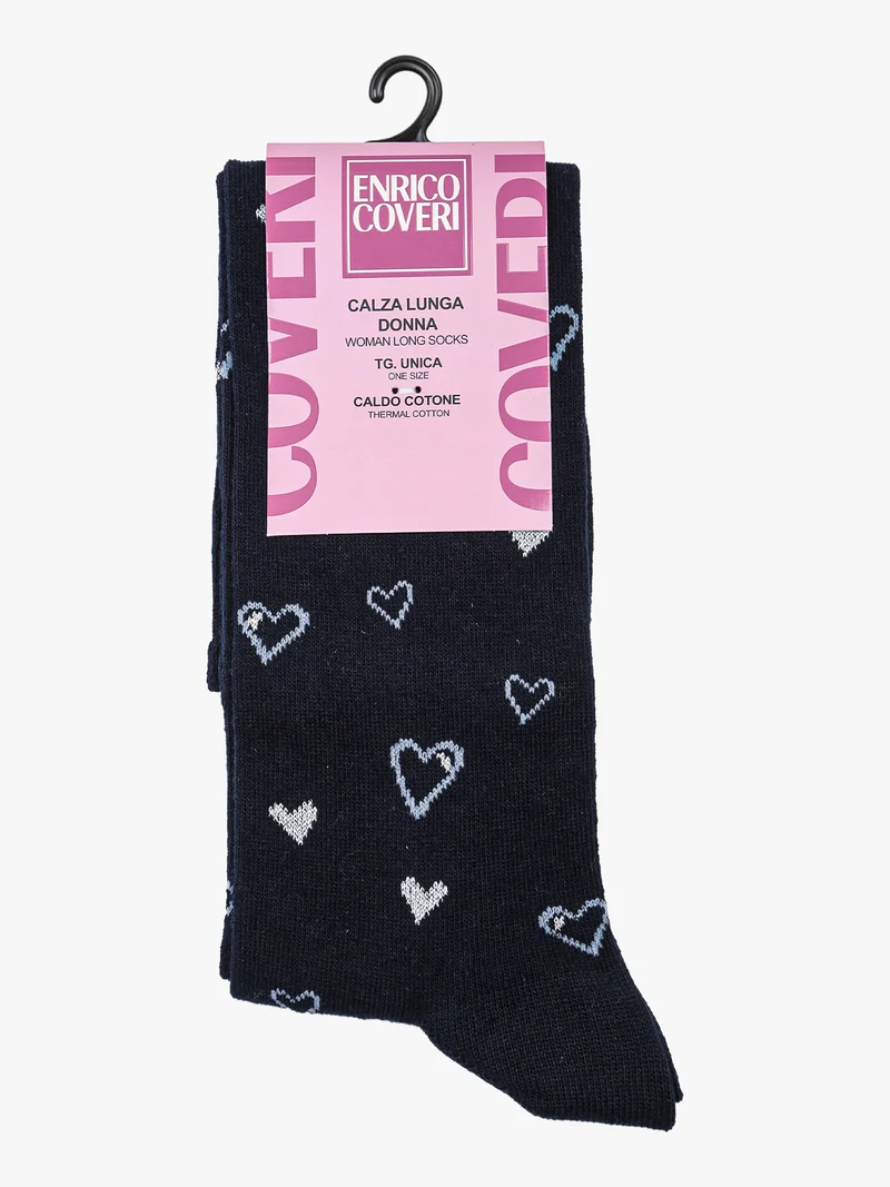 Calze lunghe da donna in caldo cotone con stampa cuori - blu scuro
