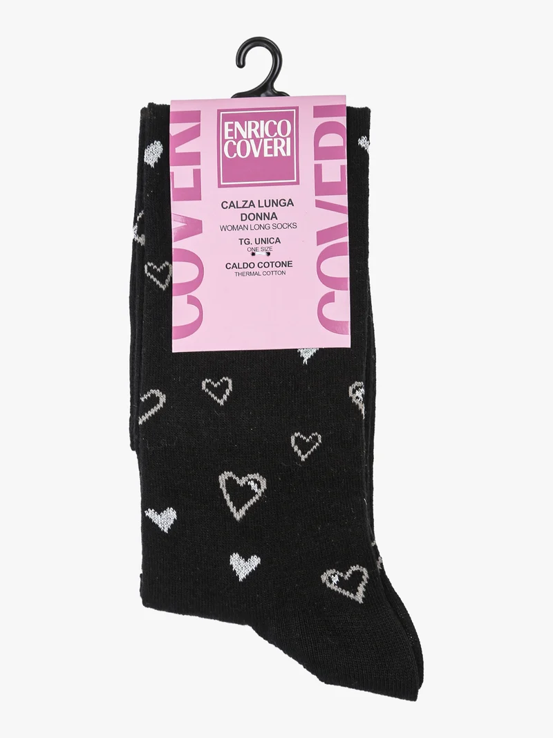 Calze lunghe da donna in caldo cotone con stampa cuori - nero