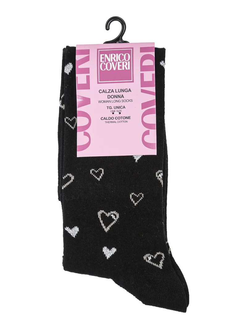 Calze lunghe da donna in caldo cotone con stampa cuori - nero