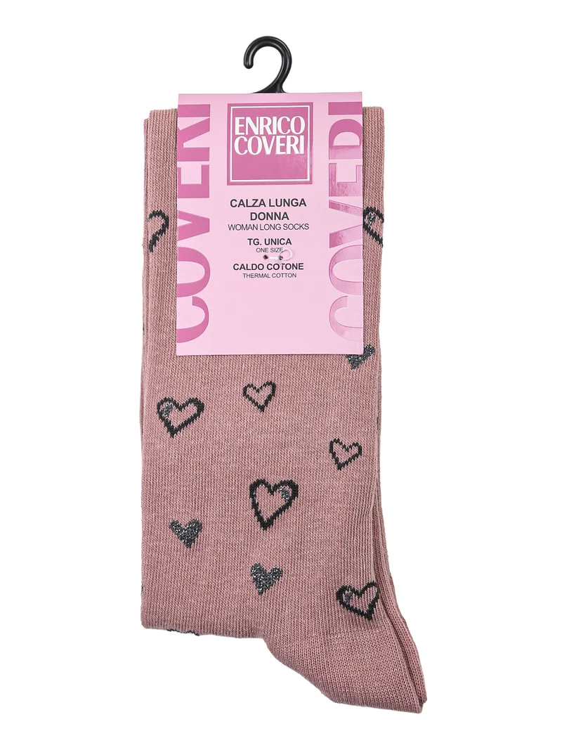 Calze lunghe da donna in caldo cotone con stampa cuori - rosa