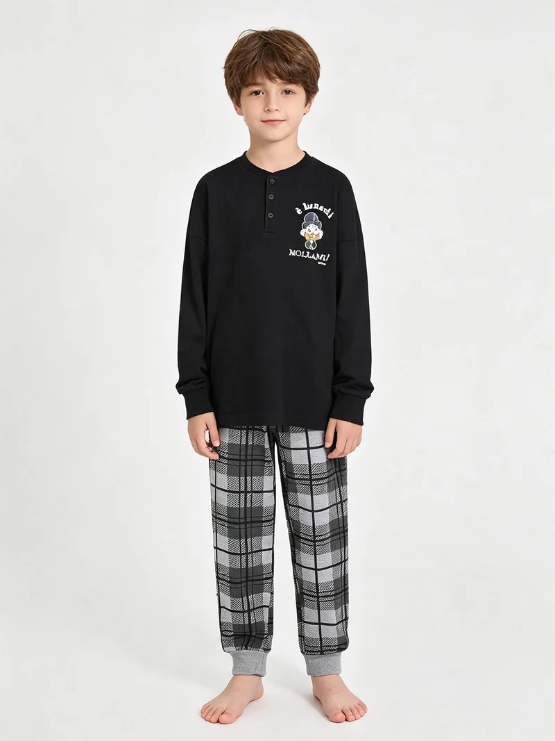 Pigiama lungo da ragazzo in cotone interlock - nero