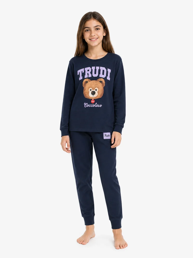 Pigiama lungo da ragazza in cotone interlock con stampe - blu scuro