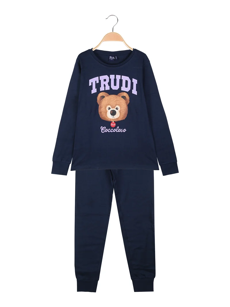 Pigiama lungo da ragazza in cotone interlock con stampe - blu scuro