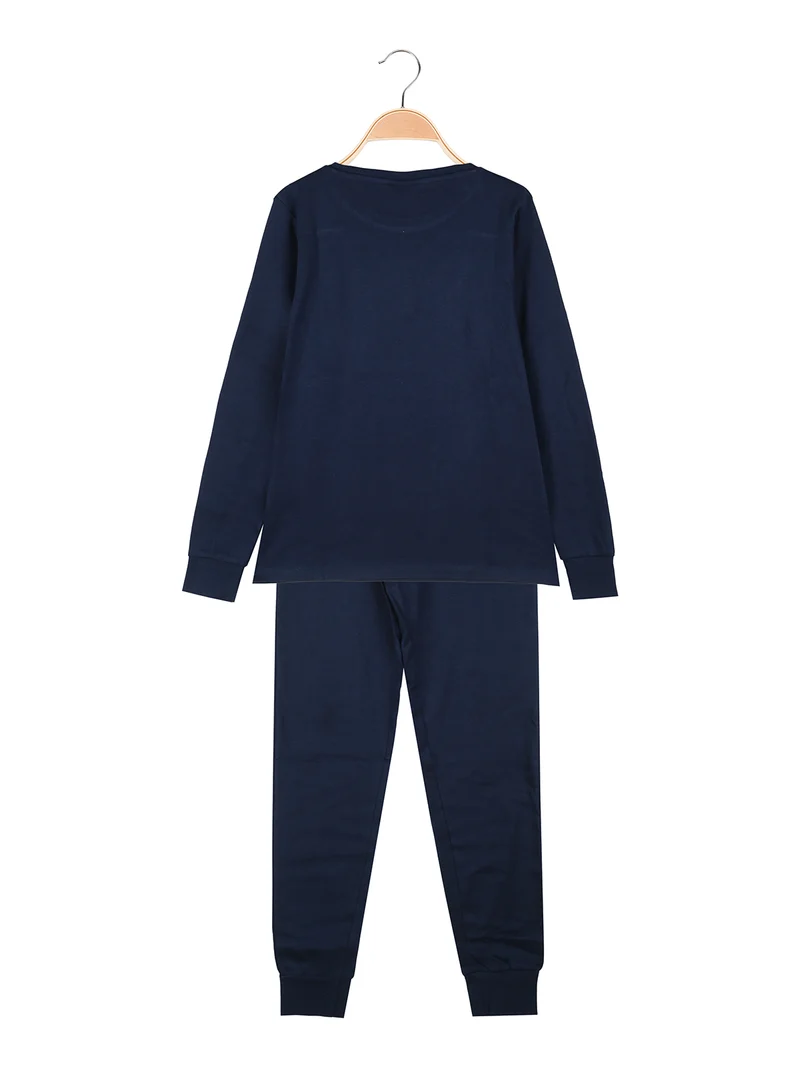 Pigiama lungo da ragazza in cotone interlock con stampe - blu scuro