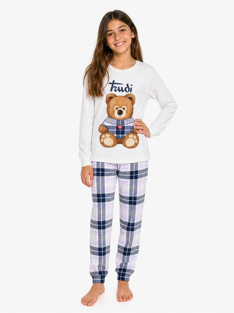 Pigiama lungo da ragazza in cotone interlock con stampe - panna