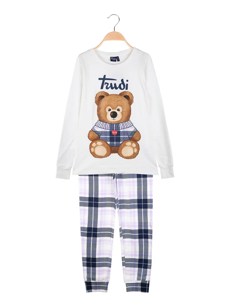 Pigiama lungo da ragazza in cotone interlock con stampe - panna