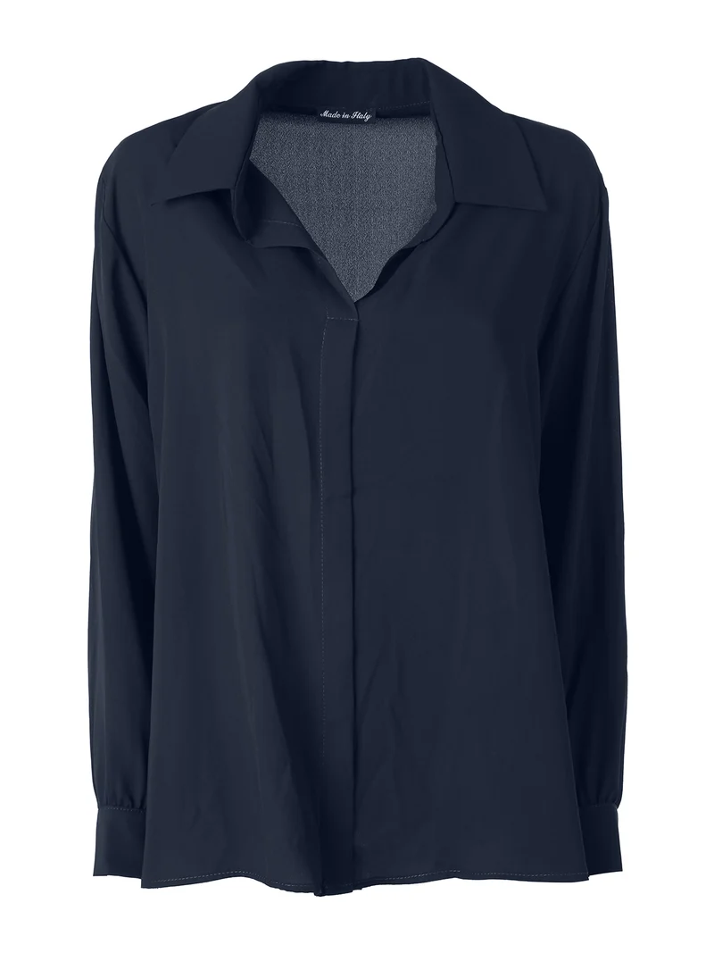 Camicia donna a maniche lunghe con scollo a V curvy - blu scuro