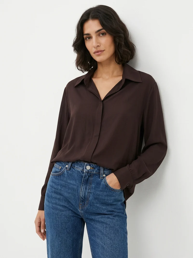 Camicia donna a maniche lunghe con scollo a V curvy - moro