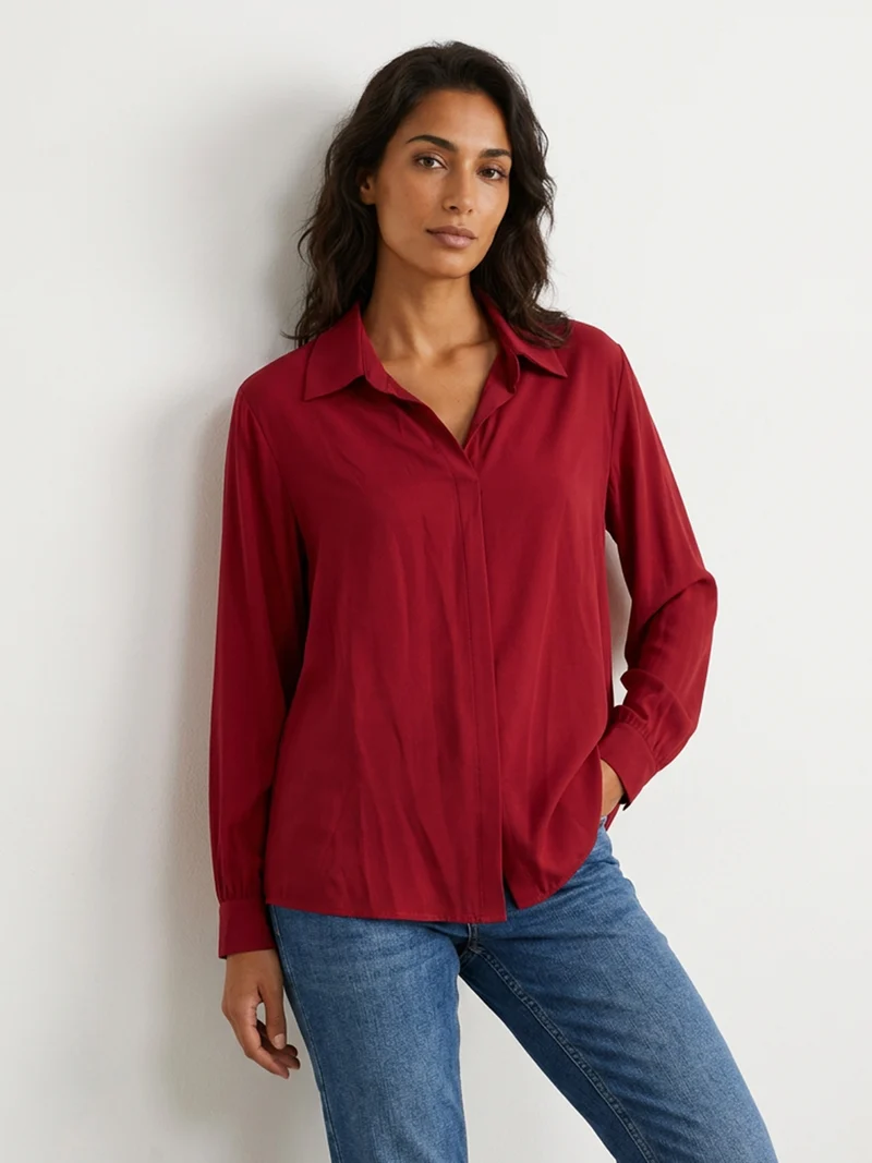 Camicia donna a maniche lunghe con scollo a V curvy - rosso