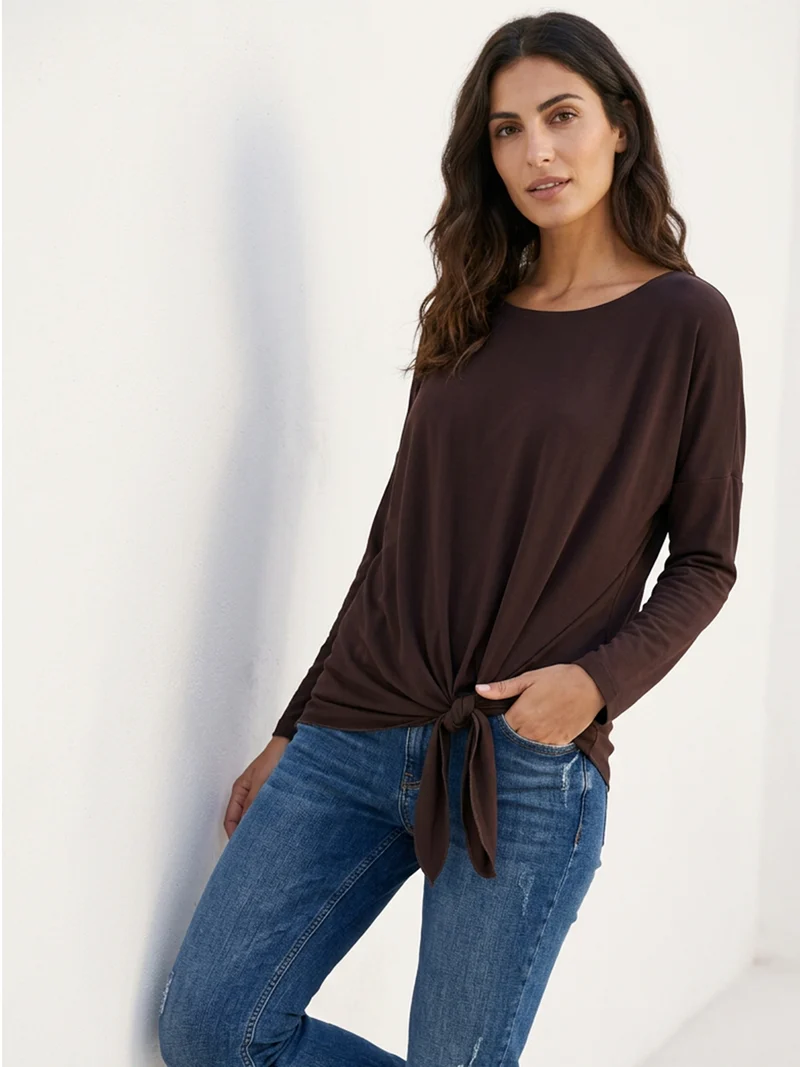 Blusa girocollo da donna a maniche lunghe con nodo sul fondo - moro
