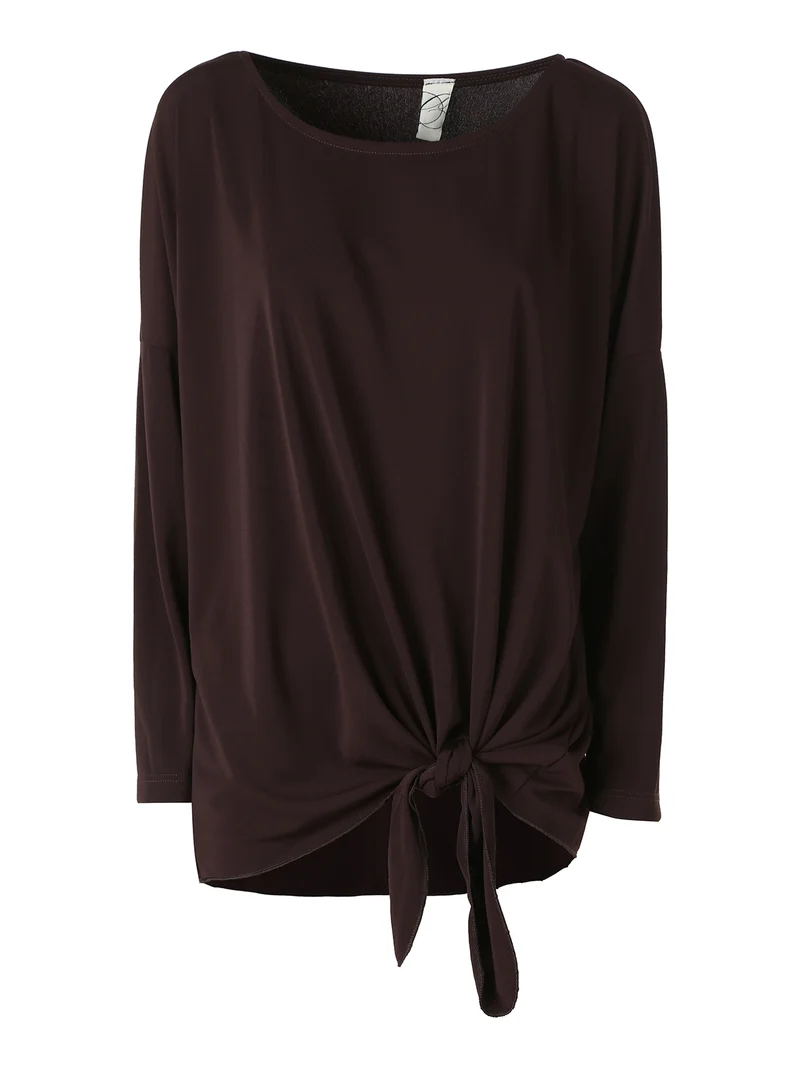 Blusa girocollo da donna a maniche lunghe con nodo sul fondo - moro