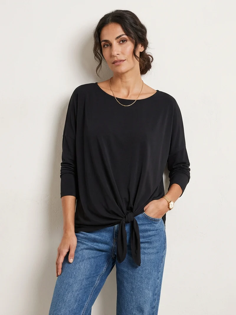 Blusa girocollo da donna a maniche lunghe con nodo sul fondo - nero
