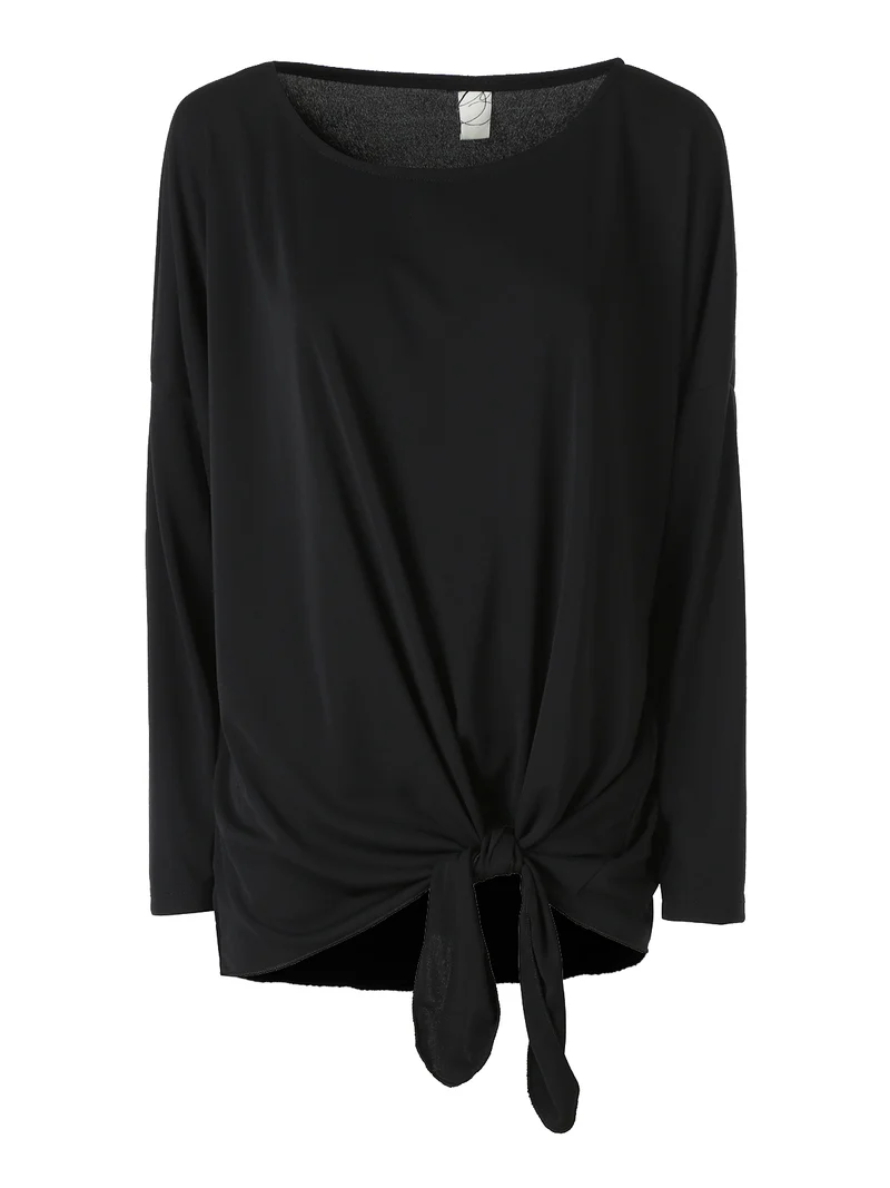 Blusa girocollo da donna a maniche lunghe con nodo sul fondo - nero