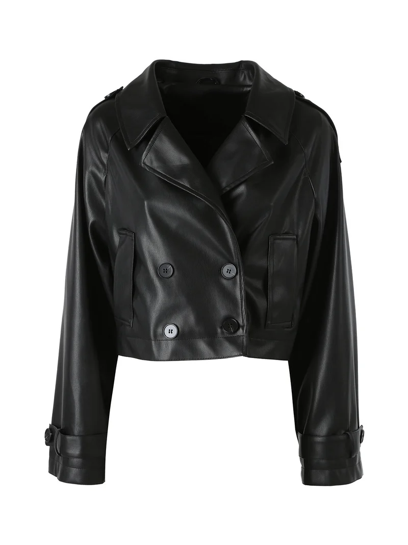 Giacca cropped in ecopelle da donna con chiusura a doppiopetto - nero