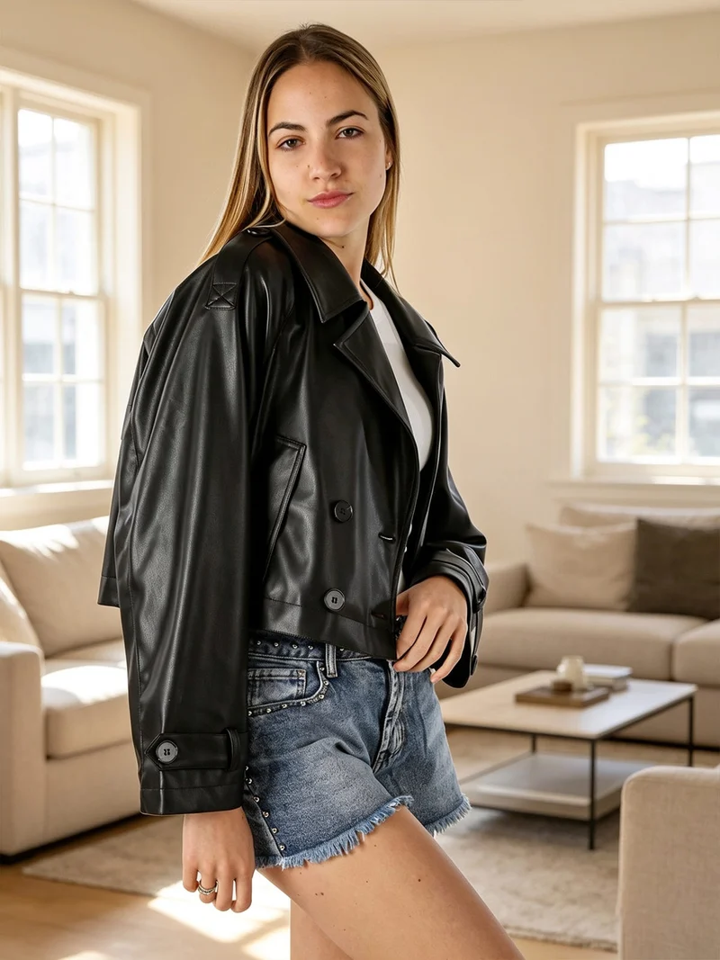 Giacca cropped in ecopelle da donna con chiusura a doppiopetto - nero