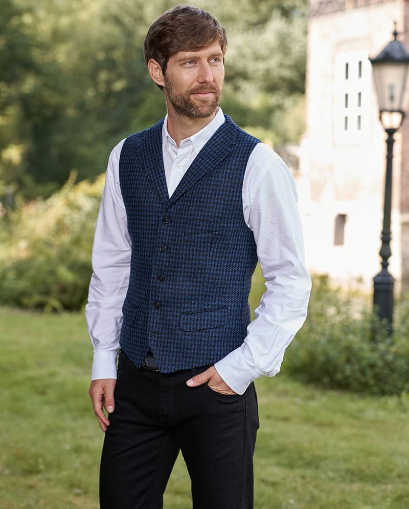 Harris Tweed Weste "Wales" in blau-schwarzem Hahnentritt