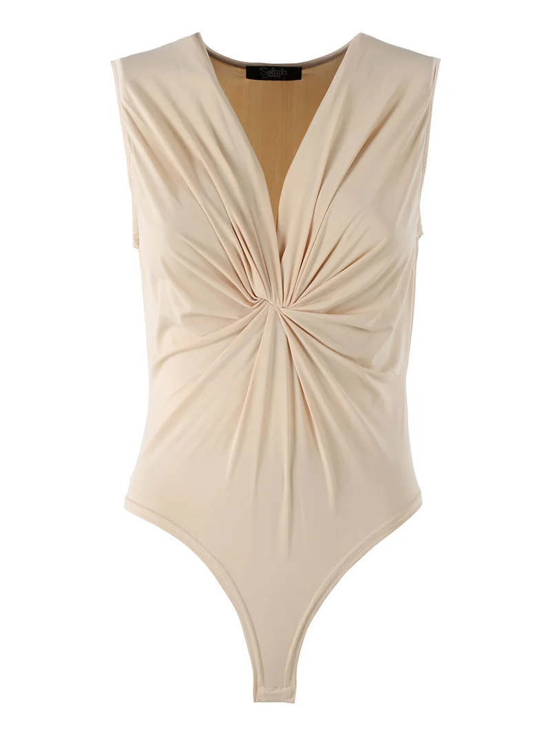 Body donna smanicato con scollo a V - beige