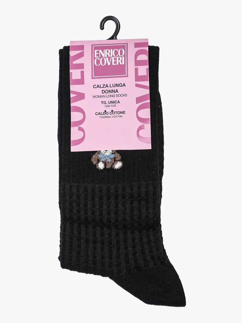 Calze lunghe da donna in caldo cotone con stampa orsacchiotto - nero