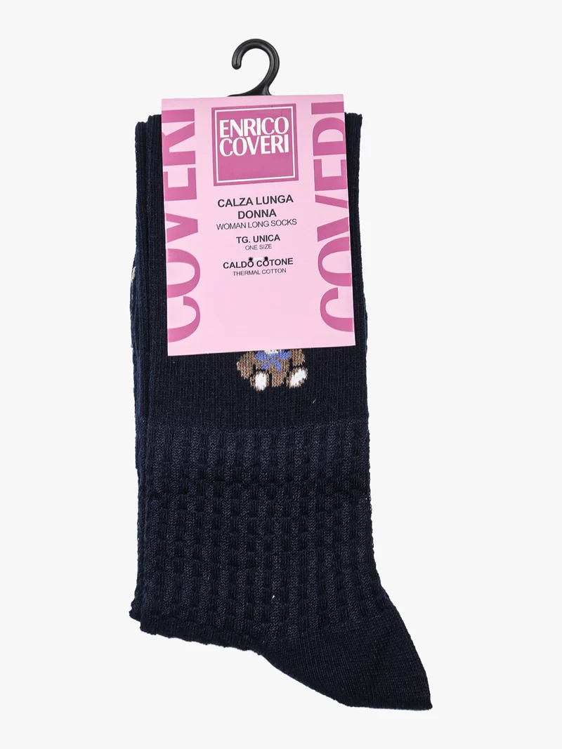 Calze lunghe da donna in caldo cotone con stampa orsacchiotto - blu scuro