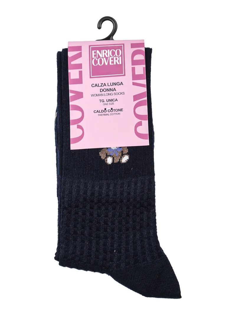 Calze lunghe da donna in caldo cotone con stampa orsacchiotto - blu scuro