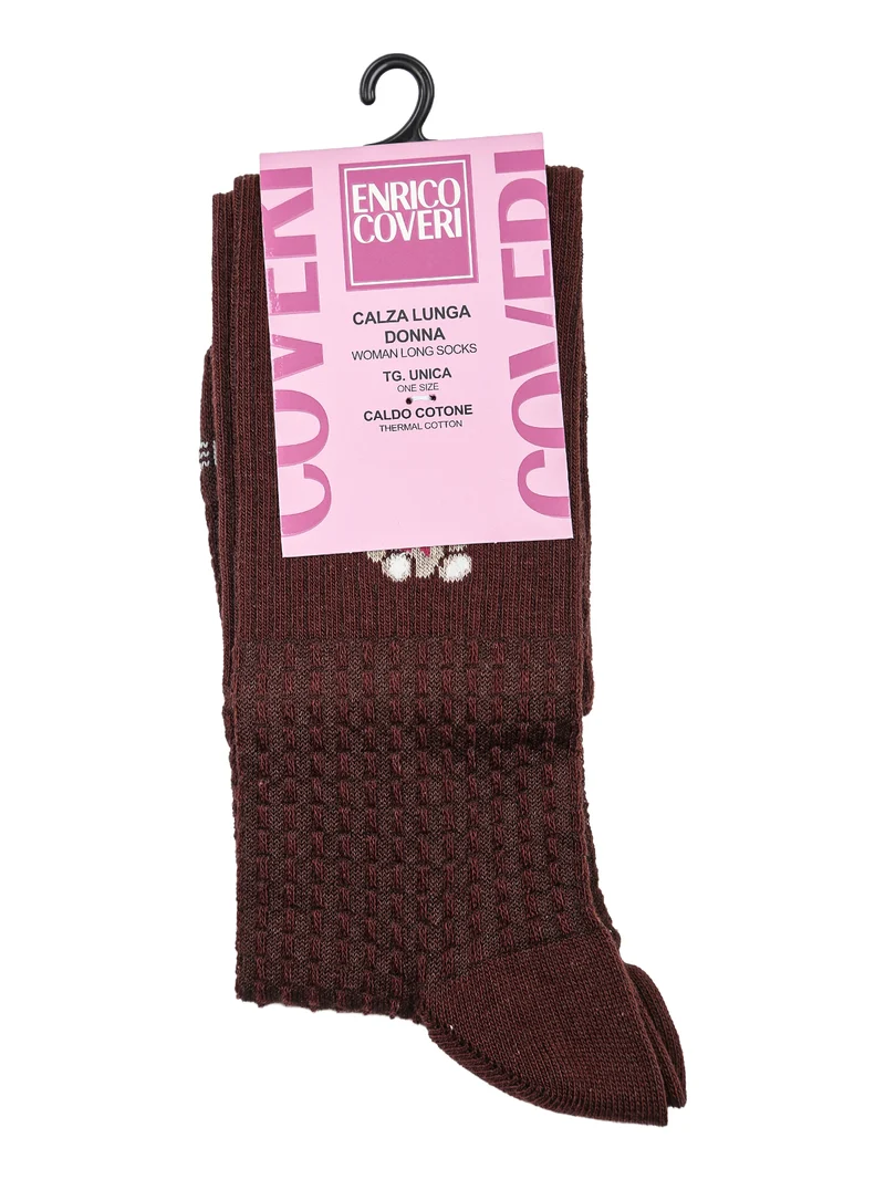 Calze lunghe da donna in caldo cotone con stampa orsacchiotto - bordeaux