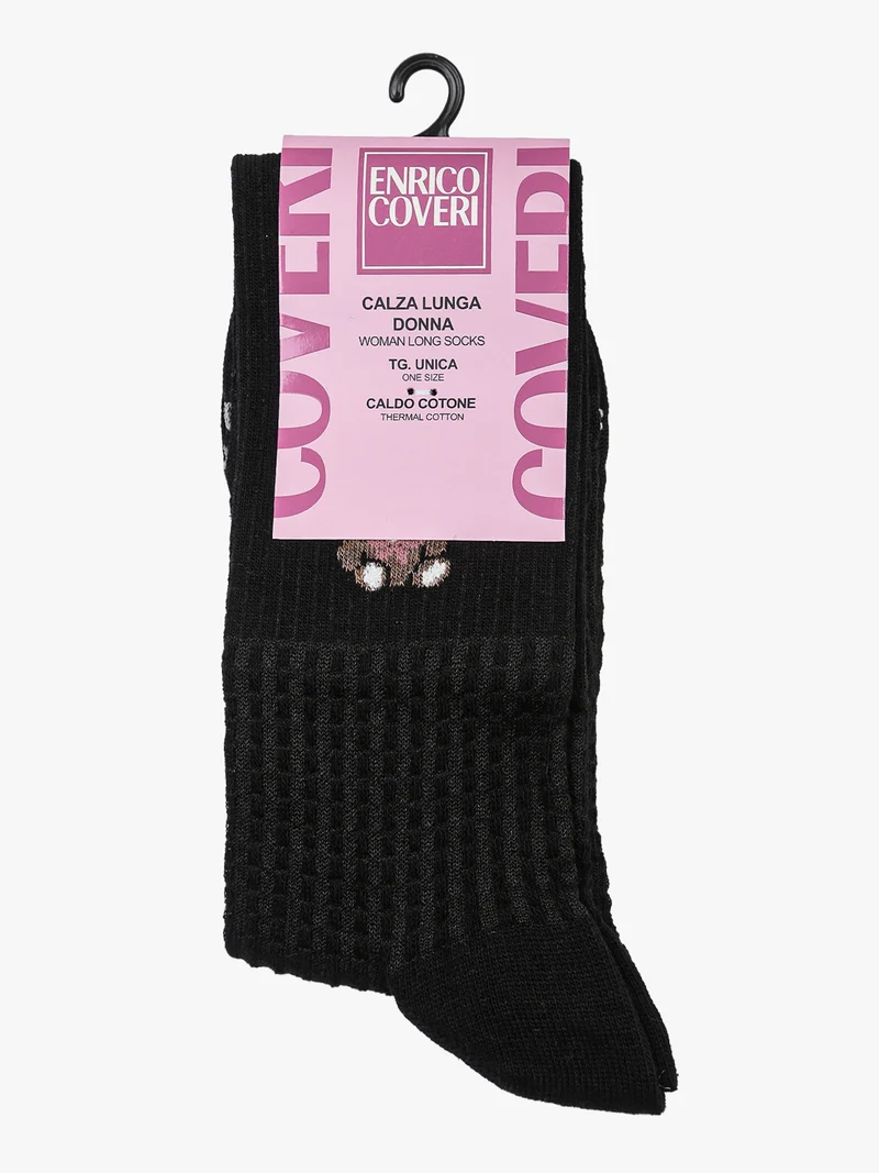 Calze lunghe da donna in caldo cotone con stampa orsacchiotto - nero