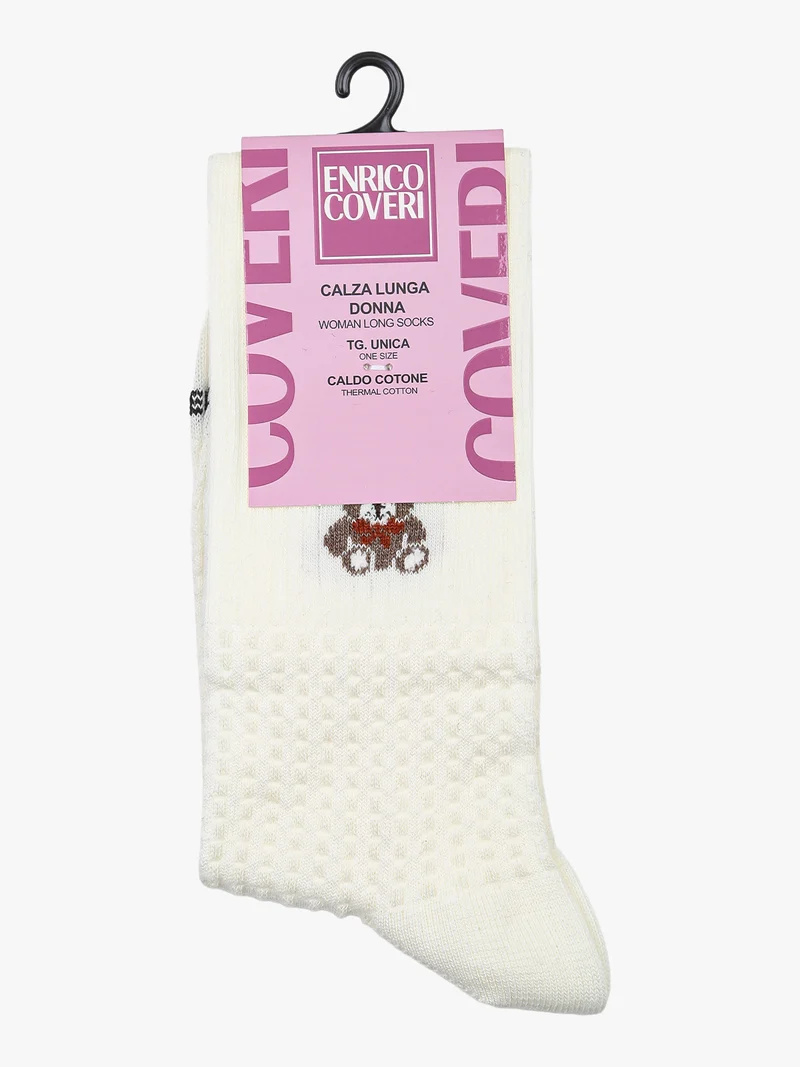 Calze lunghe da donna in caldo cotone con stampa orsacchiotto - panna