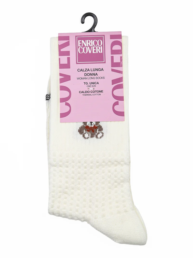 Calze lunghe da donna in caldo cotone con stampa orsacchiotto - panna