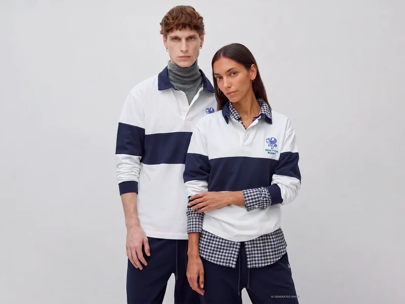 Weißes und blaues Benetton Rugby-Poloshirt, 100 % Baumwolle