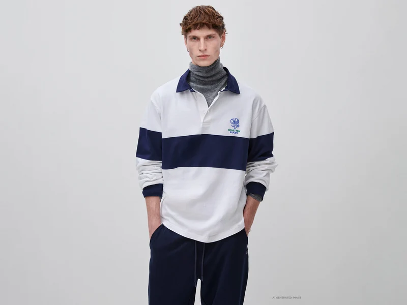Weißes und blaues Benetton Rugby-Poloshirt, 100 % Baumwolle