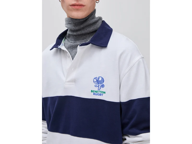 Weißes und blaues Benetton Rugby-Poloshirt, 100 % Baumwolle