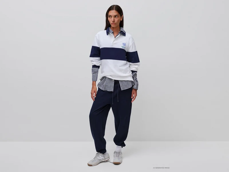 Weißes und blaues Benetton Rugby-Poloshirt, 100 % Baumwolle