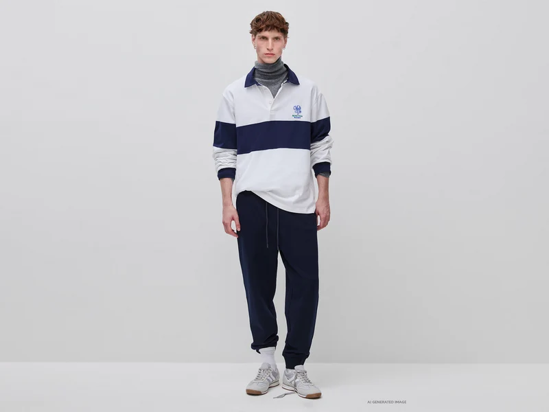 Weißes und blaues Benetton Rugby-Poloshirt, 100 % Baumwolle