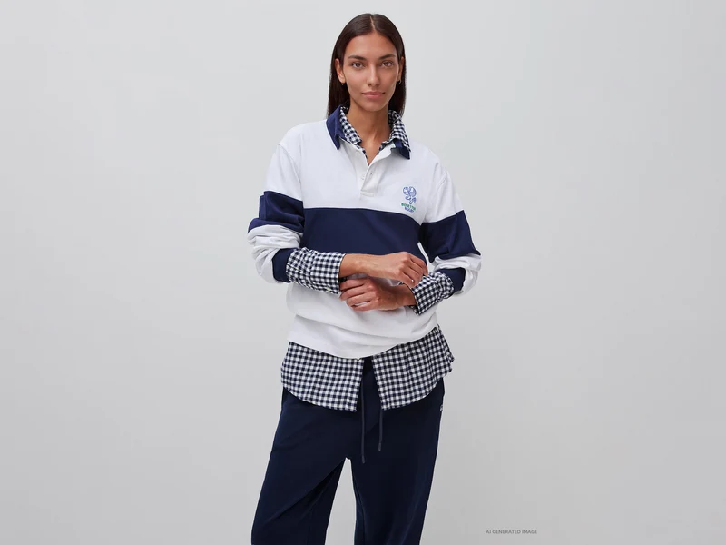 Weißes und blaues Benetton Rugby-Poloshirt, 100 % Baumwolle