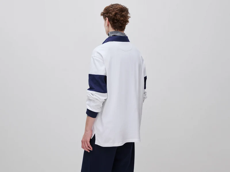 Weißes und blaues Benetton Rugby-Poloshirt, 100 % Baumwolle